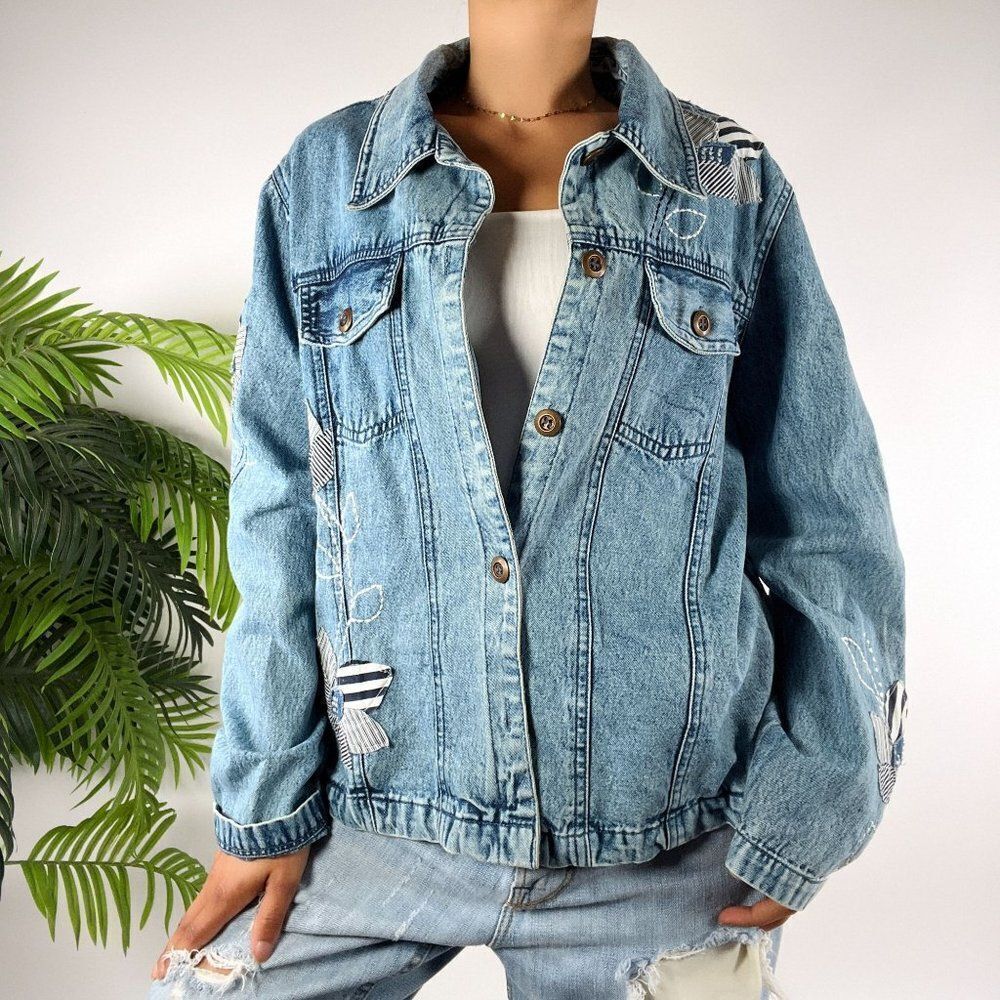 Vintage 90s Indie Cottagecore Patchwork Floral Oversized Denim Jacket / Large